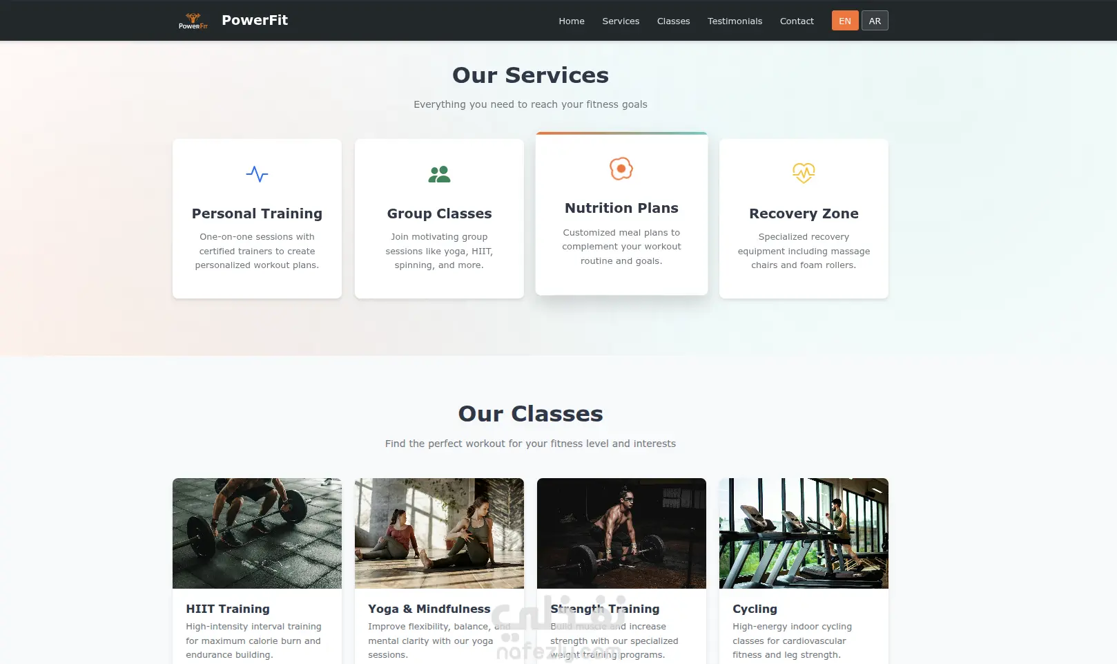 تصميم وتطوير صفحة هبوط احترافية لنادي رياضي (Gym Landing Page) يدعم اللغه العربيه و الانجليزيه