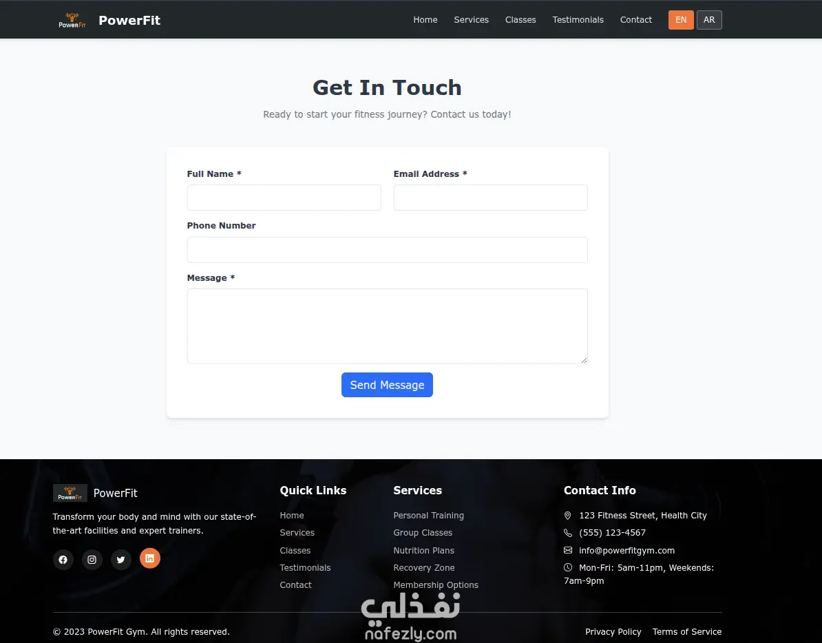 تصميم وتطوير صفحة هبوط احترافية لنادي رياضي (Gym Landing Page) يدعم اللغه العربيه و الانجليزيه