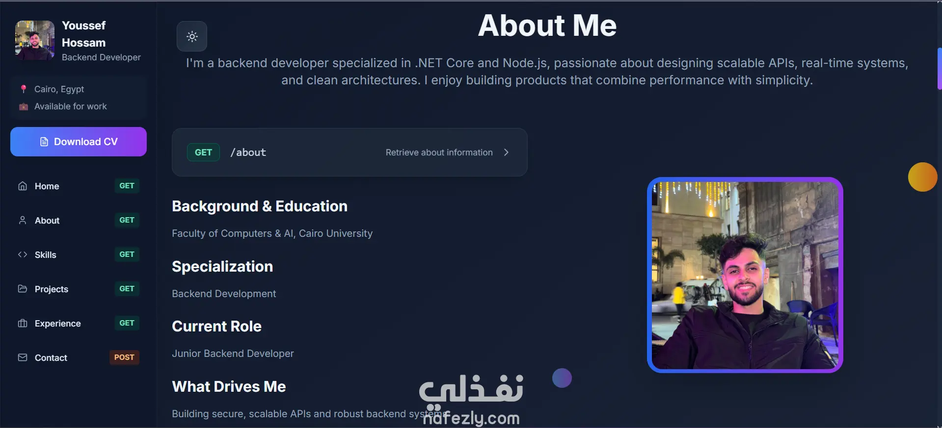 تطوير Backend & Frontend لموقع بورتفوليو شخصي