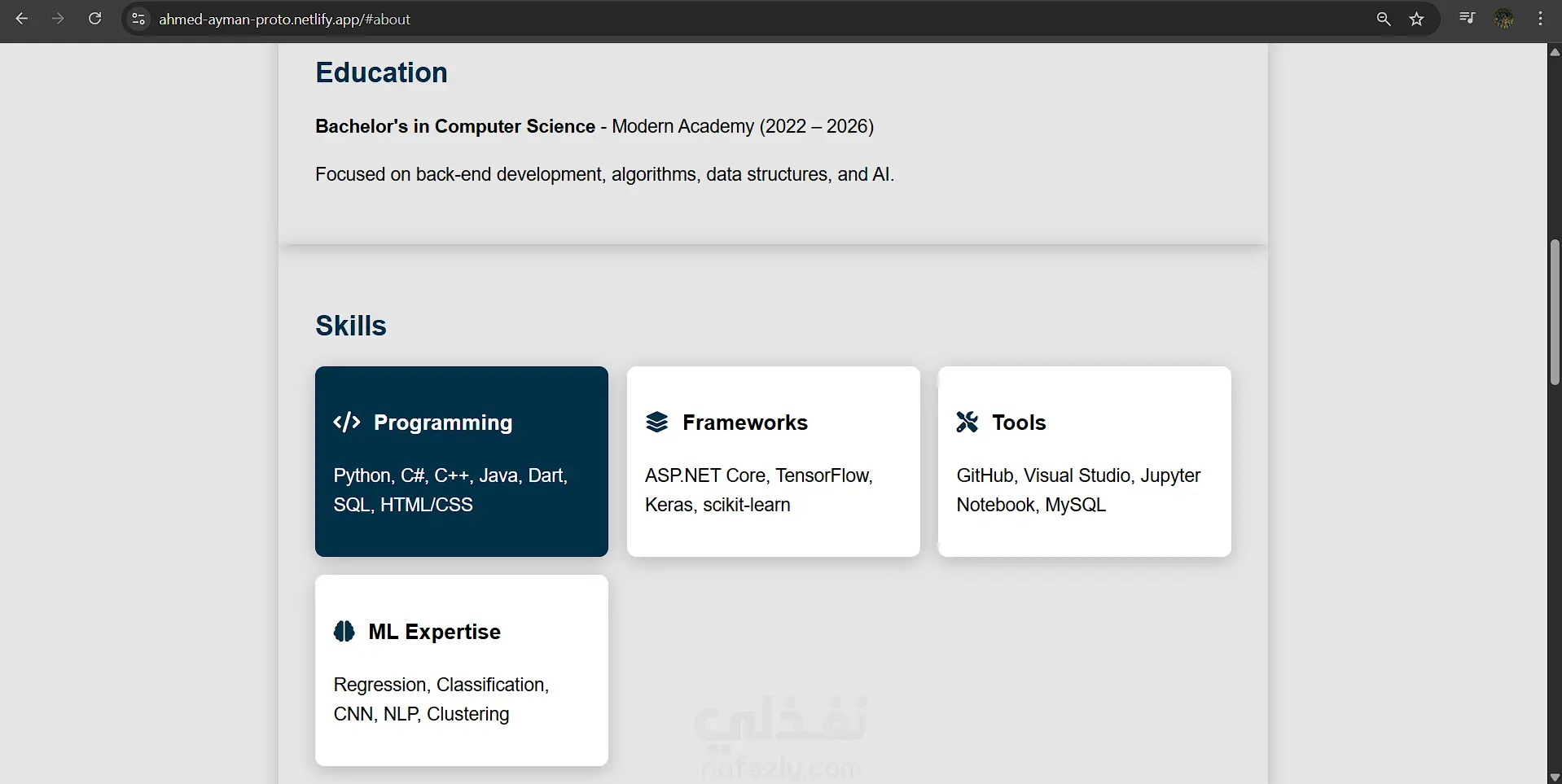 تصميم وتطوير موقع بورتفوليو شخصي احترافي لعرض المهارات والمشاريع