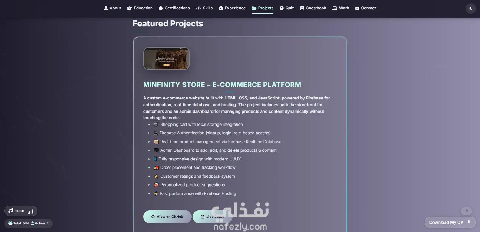 موقع بورتفوليو شخصي احترافي – HTML, CSS, JavaScript, Firebase
