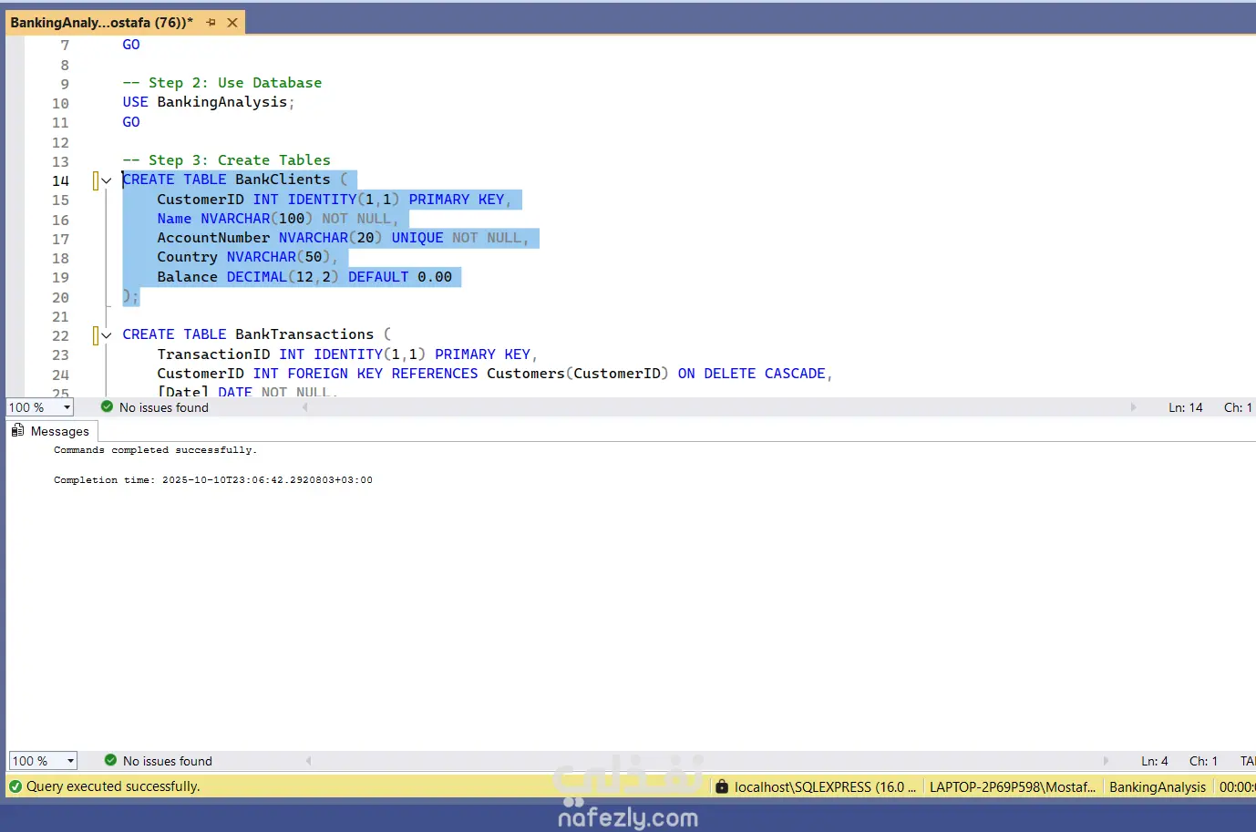 تصميم قاعدة بيانات تحليل مصرفي متكاملة باستخدام SQL (مع اكتشاف العمليات المشبوهة)