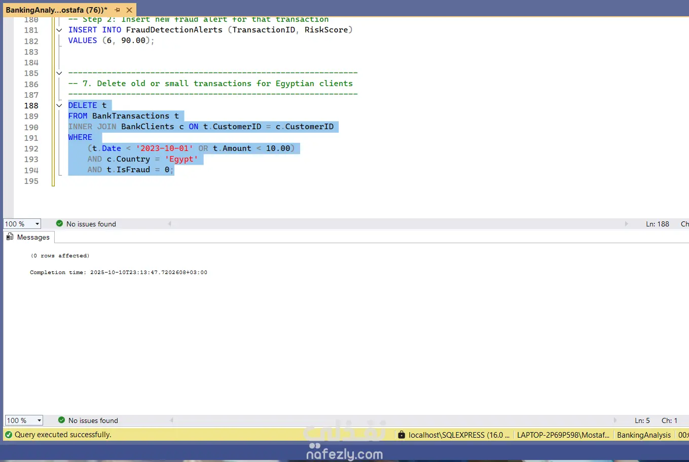 تصميم قاعدة بيانات تحليل مصرفي متكاملة باستخدام SQL (مع اكتشاف العمليات المشبوهة)
