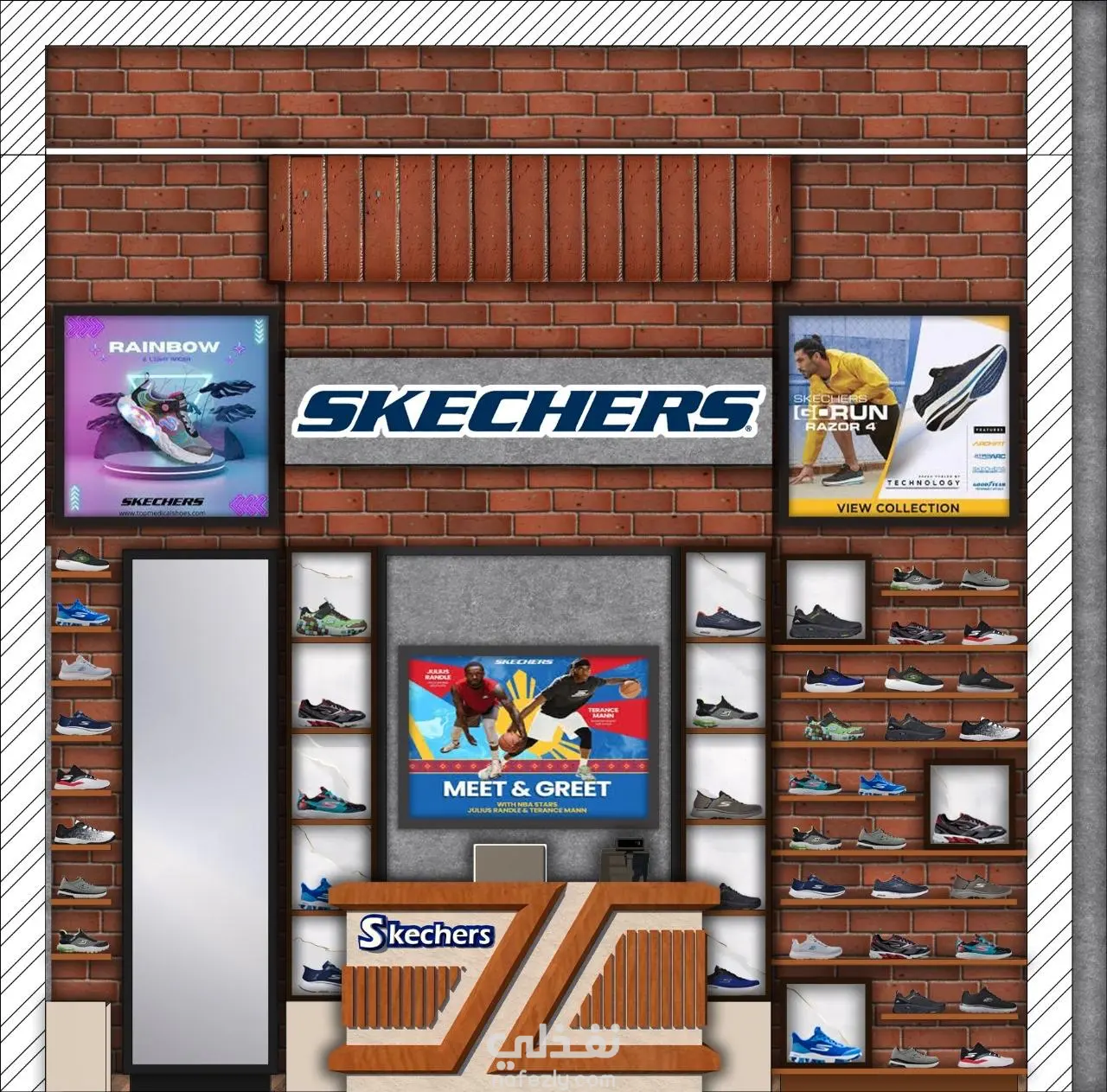 تصميم داخلي لمحل Skechers بأسلوب عصري يعكس هوية العلامة التجارية