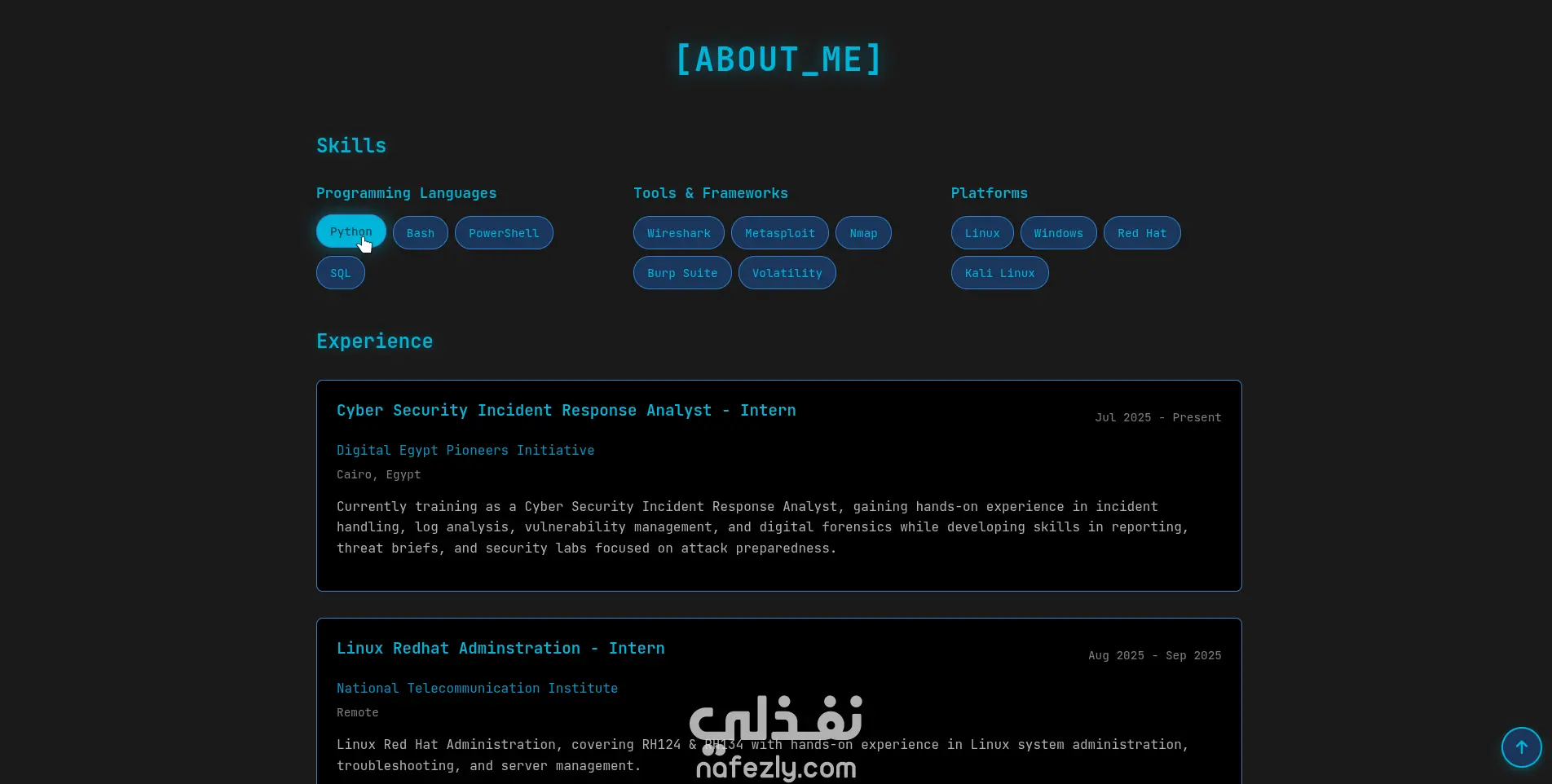 موقعي الشخصي في الأمن السيبراني – Cybersecurity Portfolio Website