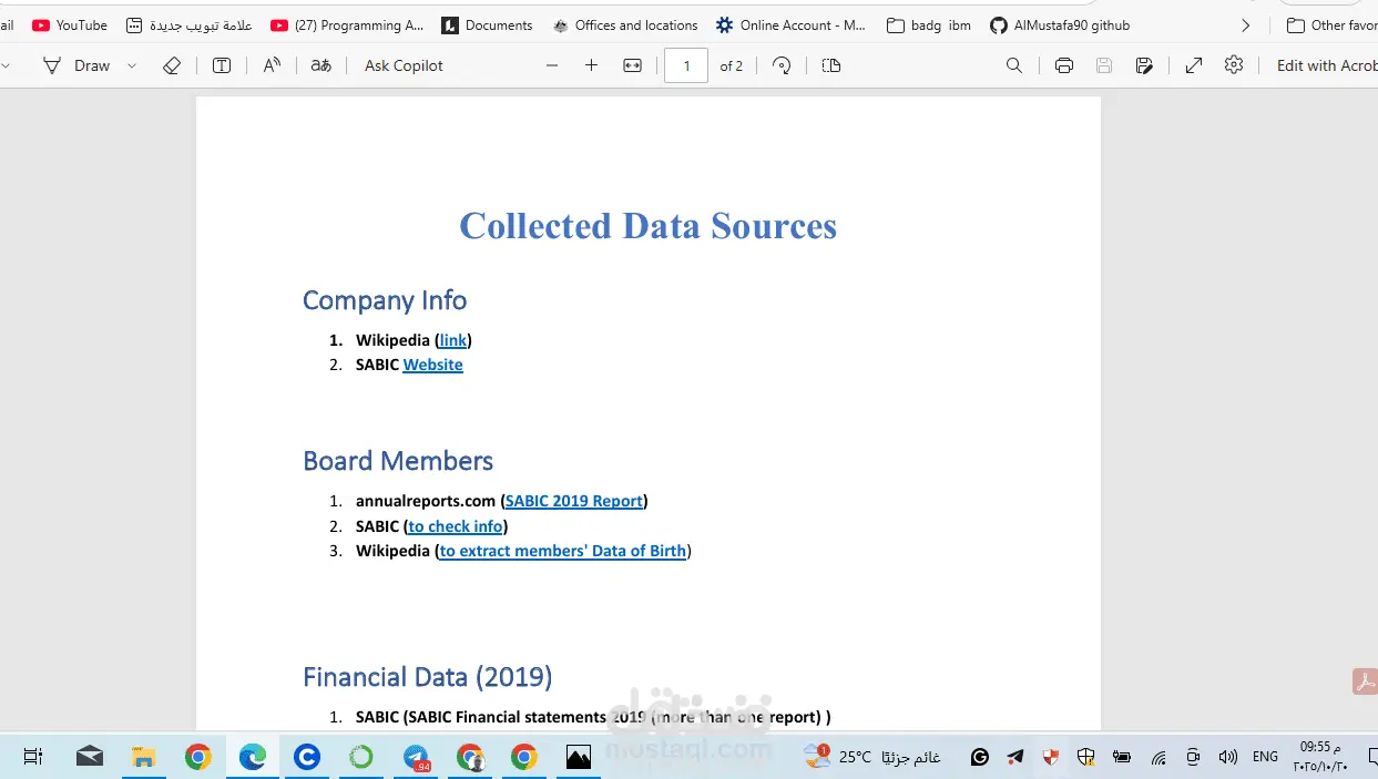 جمع بيانات متعلقة بالشركة السعودية للصناعات الأساسية SABIC لغرض البحث المالي (Financial Research)