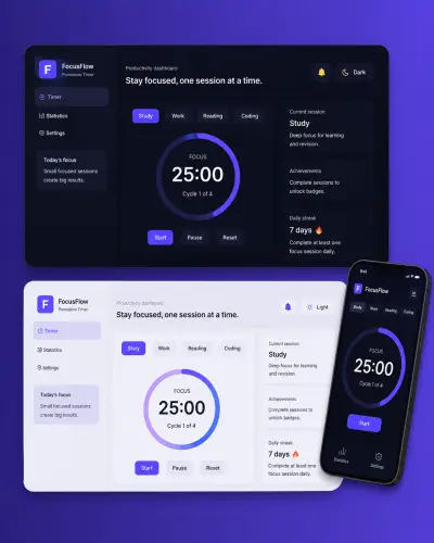 صورة العمل FocusFlow | تطبيق ويب احترافي لإدارة الوقت والإنتاجية بتقنية Pomodoro