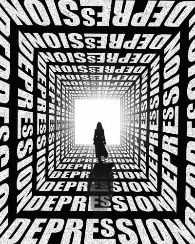 تصميم بوستر فني معبر: "الاكتئاب - نفق الأمل" (Depression - Tunnel of Hope).