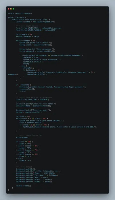 صورة العمل برمجة نظام تسجيل دخول وجمع بيانات المستخدم وتقييم الدرجات باستخدام Java