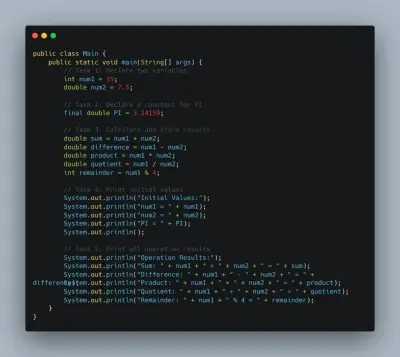 صورة العمل تطبيق Java لإجراء العمليات الحسابية الأساسية على الأعداد