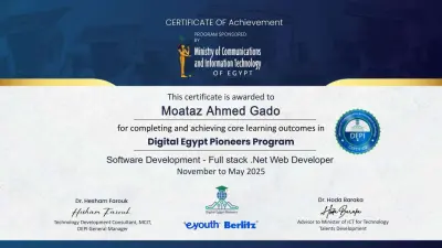 شهادة مبادرة 'رواد مصر الرقمية' بعد اتمام مسار full-stack software development using .NET framework
