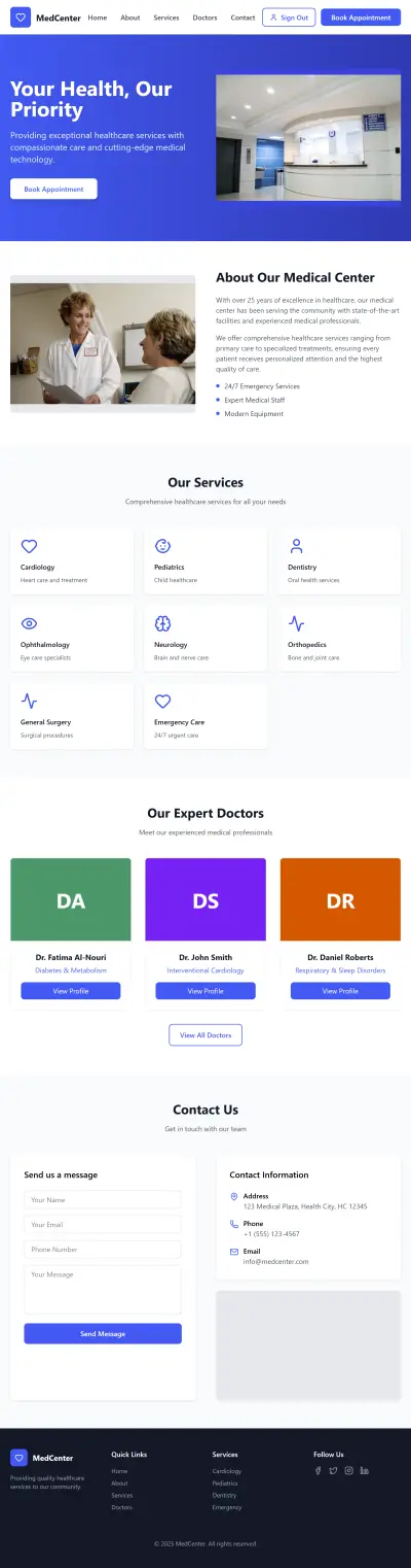 موقع مركز طبي + لوحة تحكم