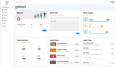 موقع كامل متجاوب متعدد الاعدادات | Dashboard, Profile, Settings