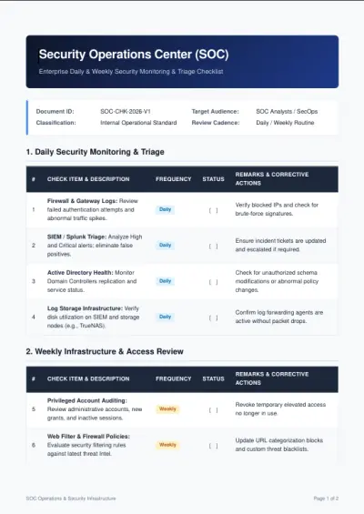 Enterprise Security Operations Center (SOC) - Daily & Weekly Monitoring Checklist