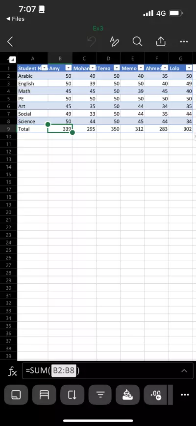 Example excel sheet