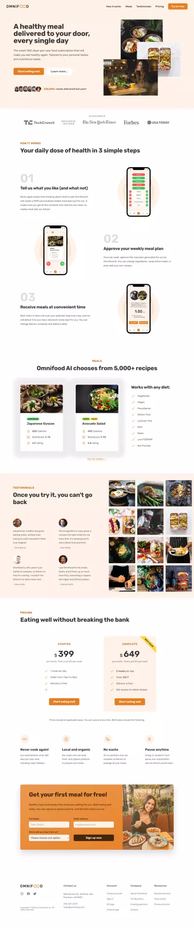 تصميم صفحة هبوط احترافية لخدمة توصيل الوجبات اليومية (Omnifood)