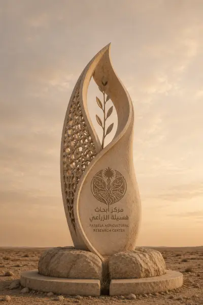 تصميم لاند مارك لمركز أبحاث زراعية مستوحى من هوية المشروع عليه الشعار الخاص بالمشروع