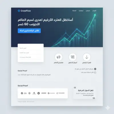 GrowFlow تصور لصفحة هبوط نظيفة ومهنية، مع رسم بياني للنمو بخطوط حيوية في الخلفية، وزر دعوة لاتخاذ إجراء بارز مكتوب عليه "اطلب استشارتك المجانية الآن".
