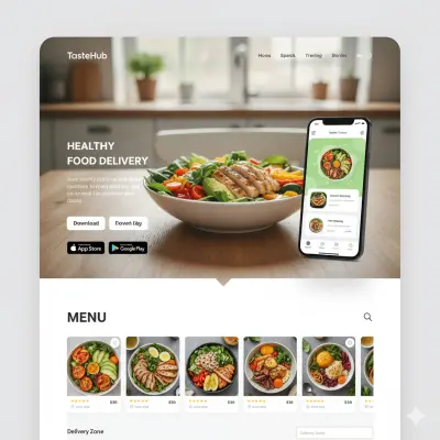TasteHub تصور لصفحة هبوط تعرض طعامًا صحيًا وشهيًا، مع هاتف ذكي يعرض تطبيق TasteHub بتصميم عصري وأزرار "App Store" و "Google Play" بشكل واضح.