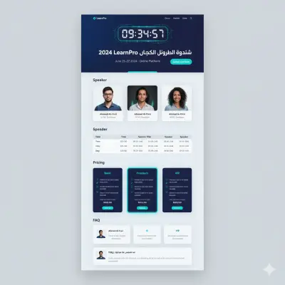 LearnPro تصور لصفحة هبوط لمؤتمر تقني افتراضي، تعرض عدادًا تنازليًا كبيرًا، وبطاقات أنيقة للمتحدثين، وجدول أعمال منظم.