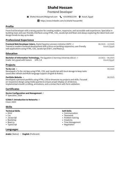 أستطيع العمل على إعداد سيرة ذاتية احترافية ومتوافقة مع نظام الـ ATS، بأعلى جودة وفي أسرع وقت ممكن، بحيث تكون منسقة، منظمة، وتناسب مجال عملك بشكل مثالي