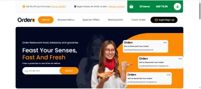 صفحة هبوط لموقع تطبيق طعام (Food App Landing Page) تعرض فكرة: "طلب الطعام بسهولة وسرعة وطازجة".