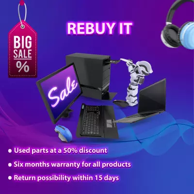 تصميم إعلان لشركة متخصصة في بيع قطع غيار أجهزة الكمبيوتر المستعملة.