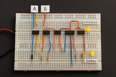 مشروع دائرة منطقية على Breadboard: طرح ثلاثة أعداد ثنائية (Binary Subtractor — 3-input)