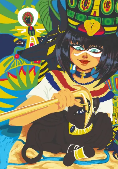 لوحة فنية باسلوب كرتونى يوضح حب الملكات للقطط فى مصر القديمة