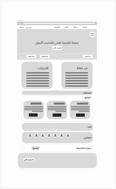 تصميم wireframe منصة تهتم بالحديث النبوي