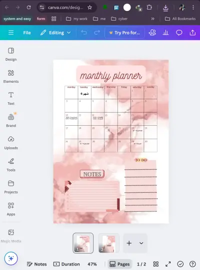 design for monthly planner with notes and to do list