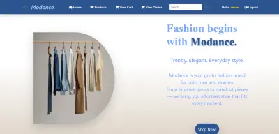 واجهة أمامية متكاملة ومتجاوبة للمتجر الإلكتروني Modance باستخدام تقنيات الويب الحديثة (HTML5, CSS3, JavaScript, Bootstrap 5)، مع التكامل مع واجهة برمجة تطبيقات (API) حية لجلب وعرض بيانات المنتجات بشكل ديناميكي.