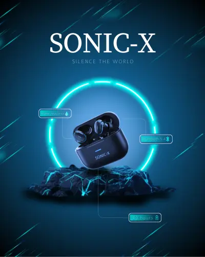 تصميم إعلاني تقني لسماعات لاسلكية (SONIC-X Highlights).