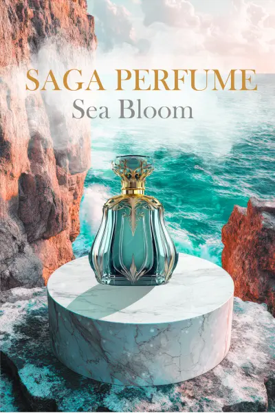 تصميم إعلان عطر فاخر بأسلوب واقعي مستوحى من جمال البحر | SAGA Perfume