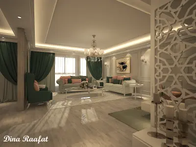 تصميم ريسبشن نيو كلاسيك فاخر بلمسة عصرية وإضاءة واقعية