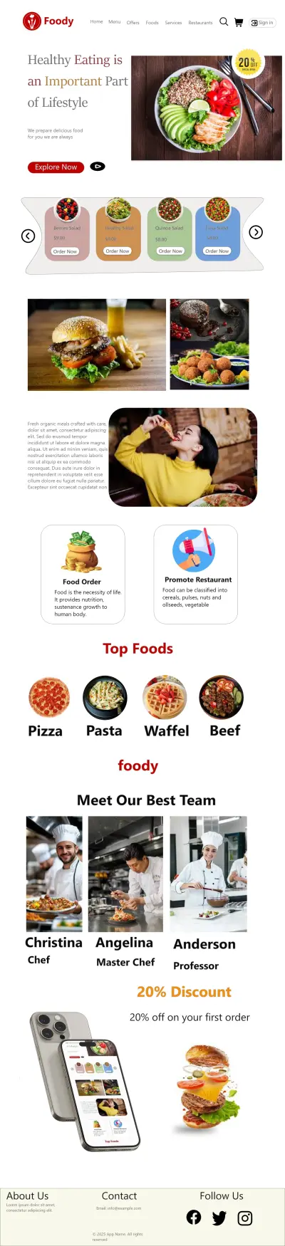 تصميم واجهة مستخدم وتجربة مستخدم (UI/UX) لصفحة هبوط لموقع Foody المتخصص في الأكل الصحي والسلطات.