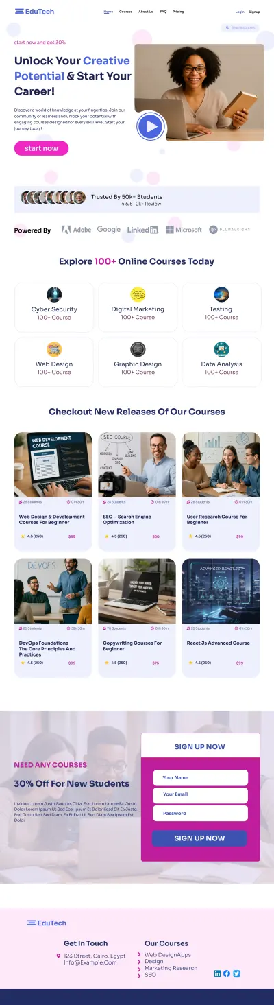تصميم UX/UI لمنصة تعليم الكتروني متطورة (E-learning) (Hi-Fi & Lo-Fi Prototyping).
