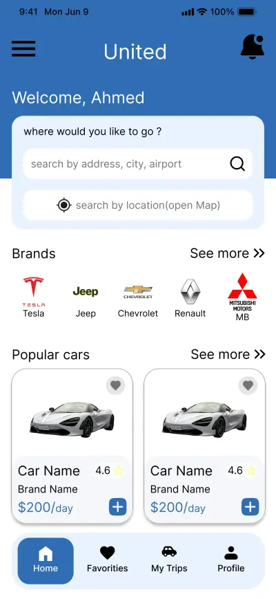 تصميم شاشة احترافية لتطبيق تأجير سيارات (UI/UX)