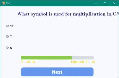 تطبيق Quiz تفاعلي مع اختيار مستوى الصعوبة بلغة C#