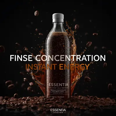 تصميم إعلاني واقعي لمشروب قهوة مركز (Essentia - Instant Energy)