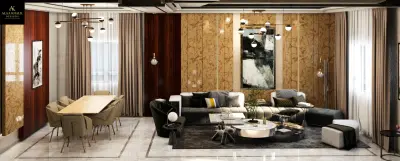 تصميم غرفة معيشة و غرفة طعام و مطبخ امريكي