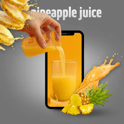 تصميم إعلاني مبتكر: عصير الأناناس (دمج حقيقي ورقمي)  تصميم ومنشور سوشيال ميديا (مشروبات): "Pineapple Juice"