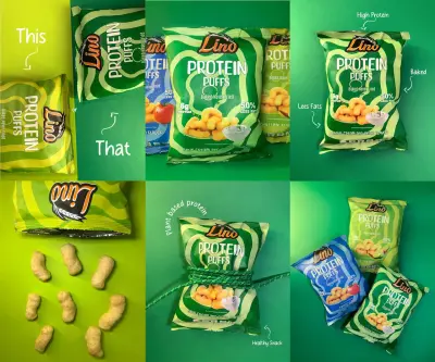 تصوير وتنسيق منتج سناك بروتين (Lino Protein Puffs) – جلسة تصوير احترافية بأسلوب إعلاني