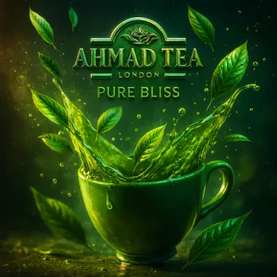 بوست فنجان شاي أخضر أنيق في لحظة حركة درامية