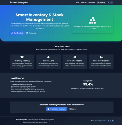 نظام إدارة مخزون احترافي StockManagePro – تسجيل دخول، تسجيل حساب، ولوحة تحكم لإدارة المنتجات