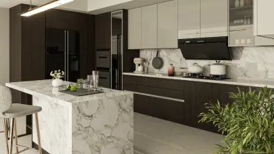 تصميم مطبخ عصري | ديكورات داخلية من الخشب الداكن والرخام