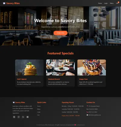 تصميم وتطوير موقع مطعم فاخر (Savory Bites) مع نظام طلب إلكتروني وتجربة مستخدم عصرية
