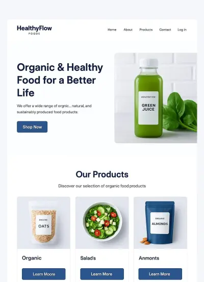 تصميم واجهة موقع منتجات غذائية عضوية (HealthyFlow)