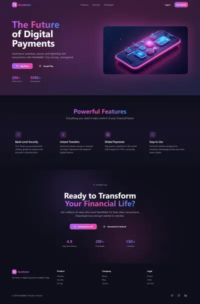 صفحة هبوط (landing page) لتطبيق محفظة رقمية NextWallet
