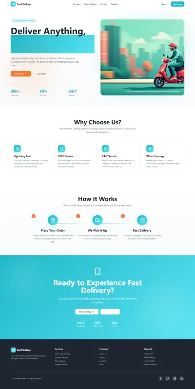 صفحة هبوط (landing page) لشركة توصيل SwiftDeliver